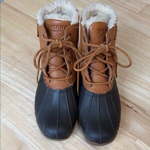 Sperry Tan and Black Waterproof Duck Boots with Fleece Lining